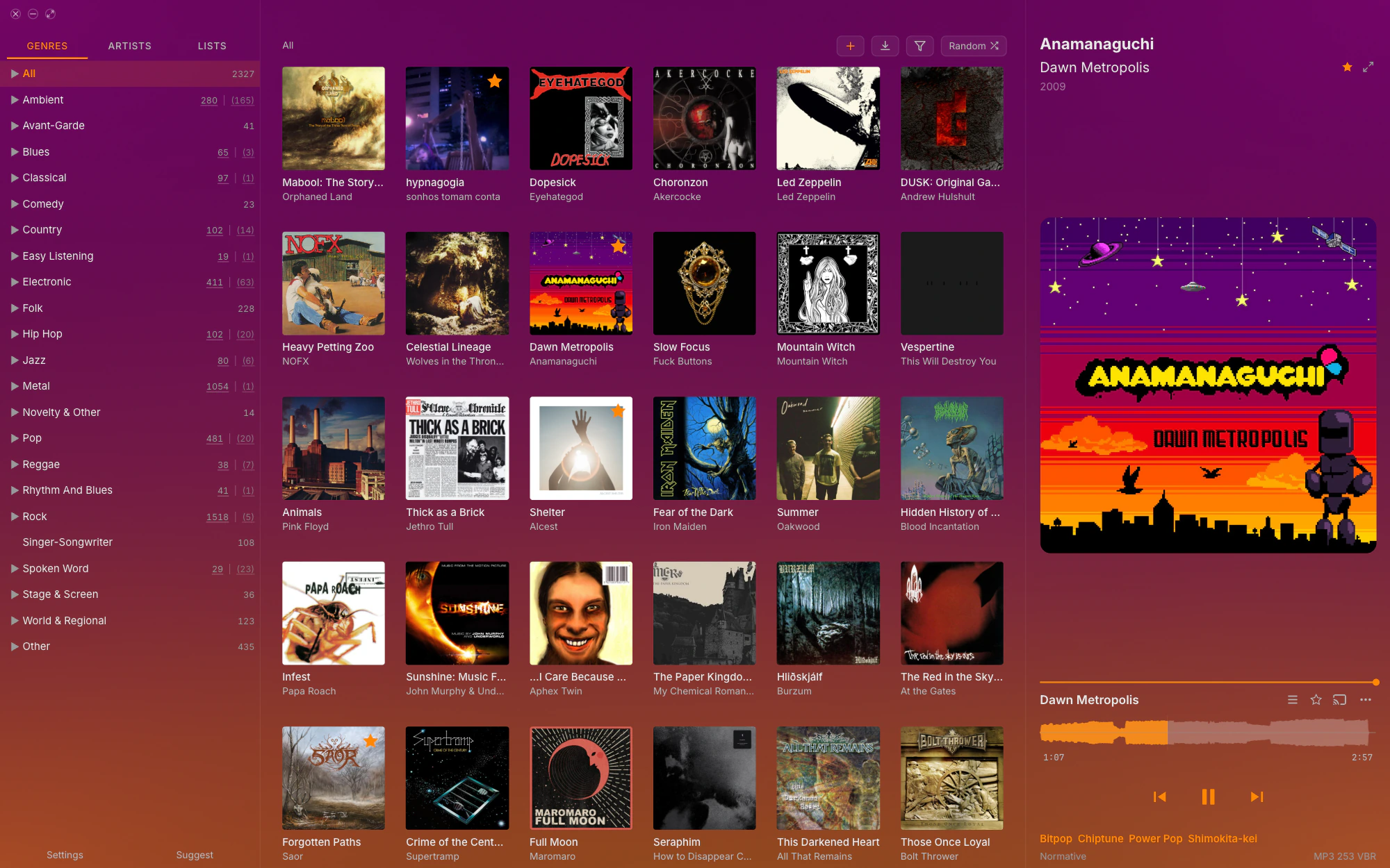 The same window playing Anamanaguchi's Dawn Metropolis, now magenta at the top fading to orange at the bottom.
