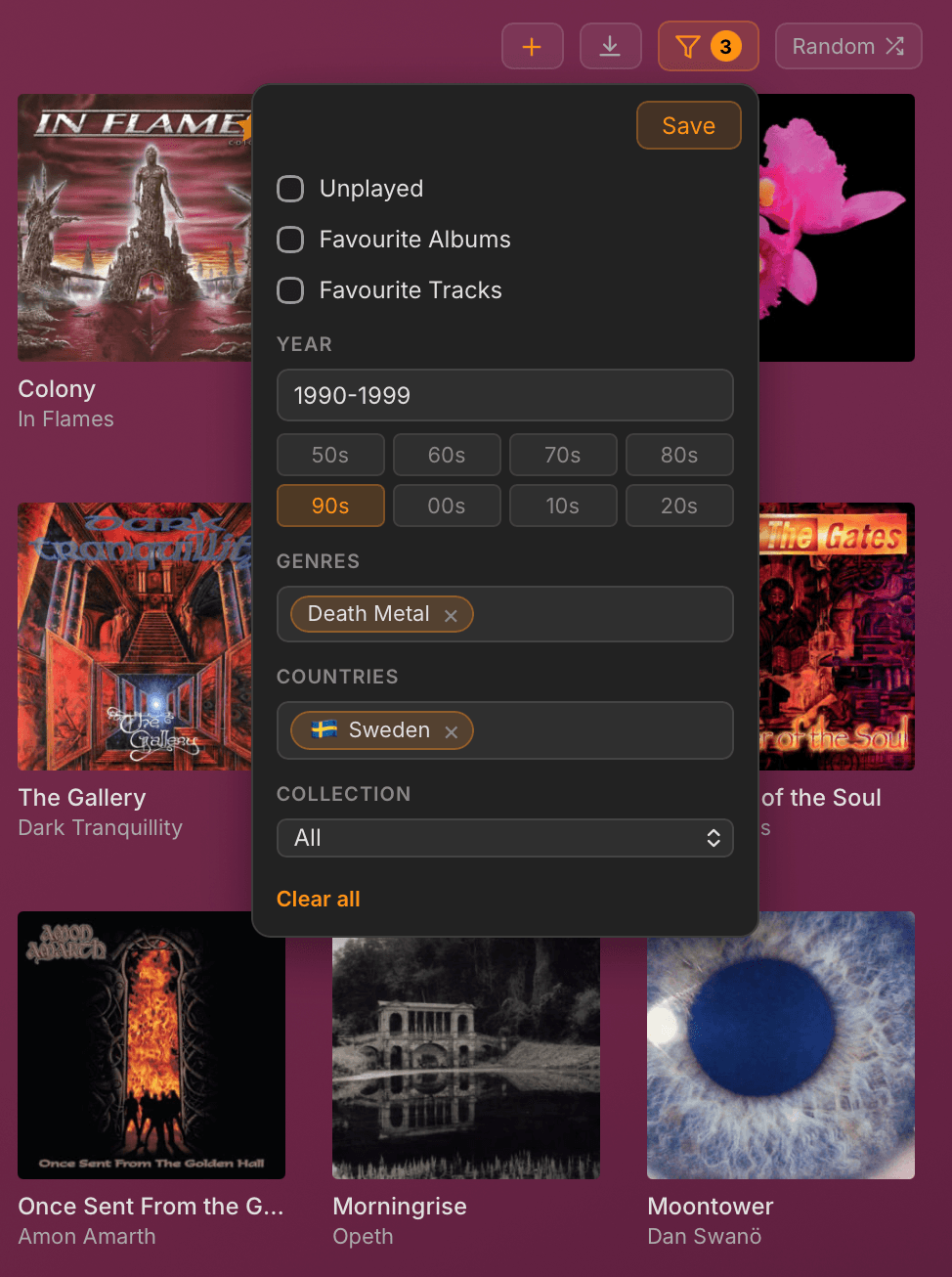 The ramus filter panel set to death metal from Sweden released in 1990 to 1999, over a grid of matching albums: In Flames' Colony, Dark Tranquillity's The Gallery, At the Gates, Amon Amarth, Opeth's Morningrise and Dan Swanö's Moontower.