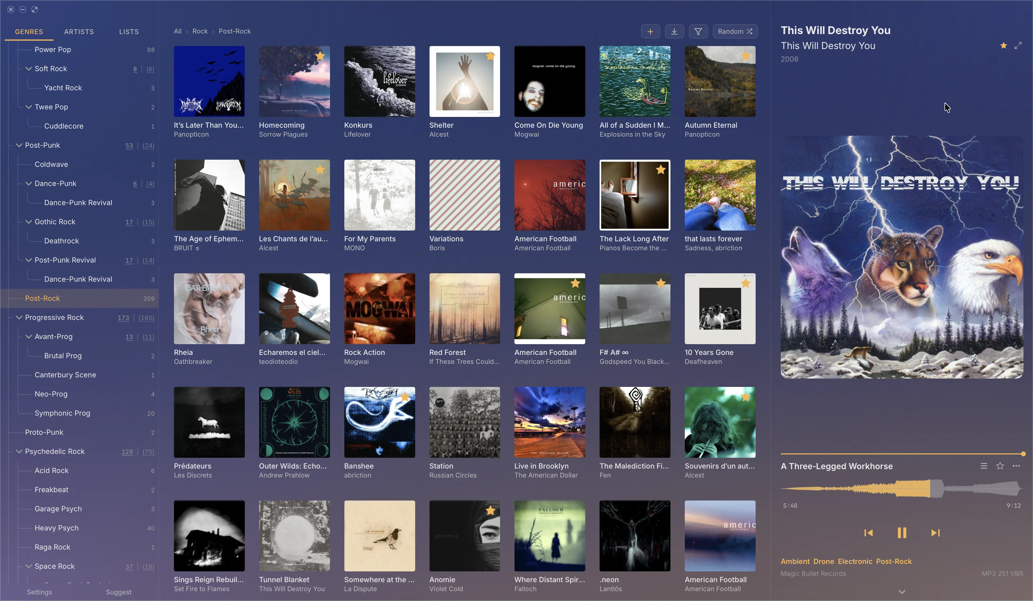 ramus on macOS: the genre tree open at Rock › Post-Rock in the sidebar, a grid of post-rock album covers, and This Will Destroy You playing with its waveform, all tinted indigo from the album art.