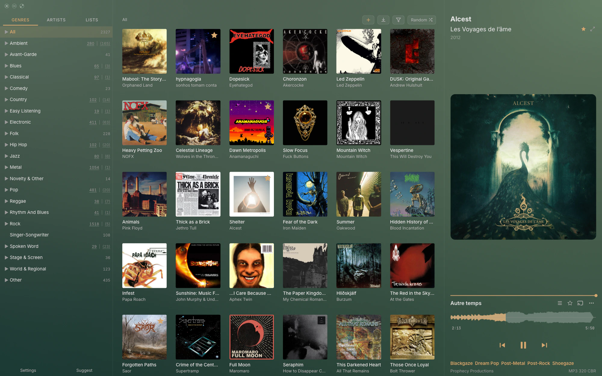 The same window playing Alcest's Les Voyages de l’Âme, tinted a muted green.
