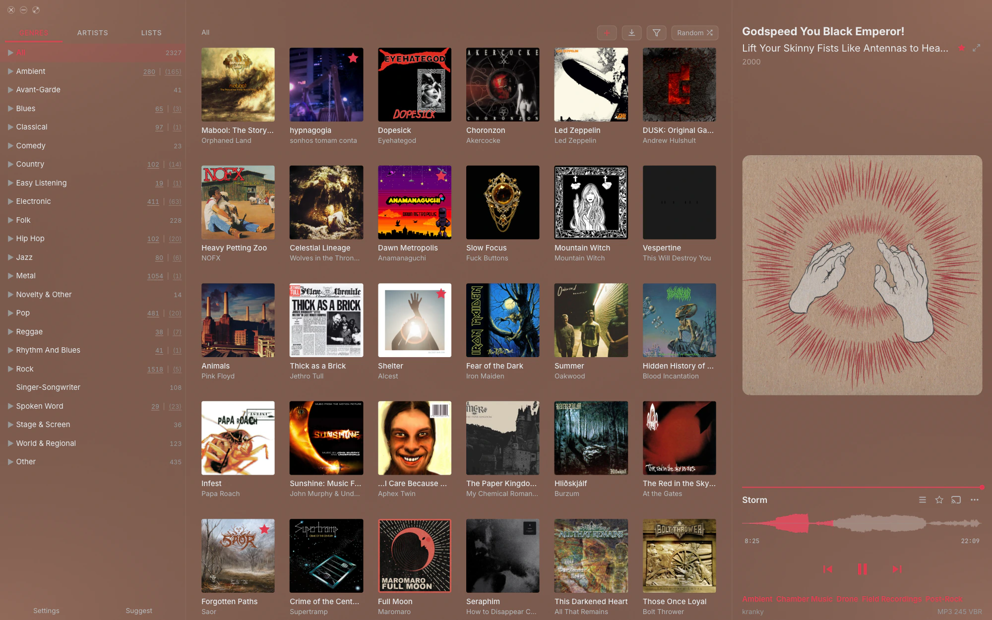 The same window playing Godspeed You! Black Emperor's Lift Your Skinny Fists Like Antennas to Heaven, tinted a warm tan.