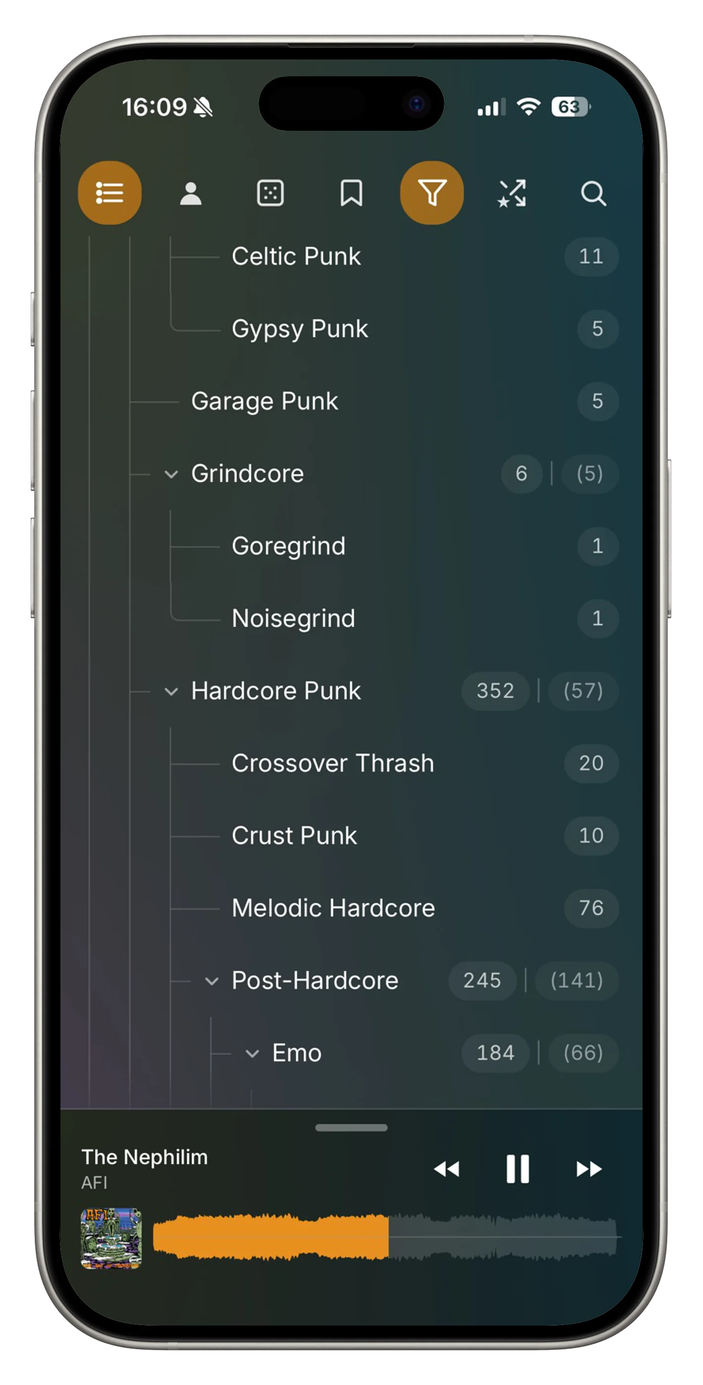 ramus on iPhone: the genre tree open at Hardcore Punk › Post-Hardcore › Emo, with AFI playing in the mini player.
