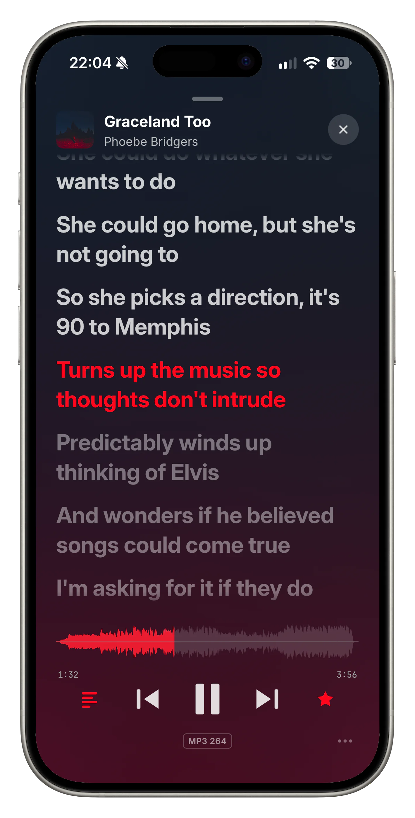 ramus on iPhone: synced lyrics for Phoebe Bridgers' Graceland Too, the current line in red above the waveform and playback controls.